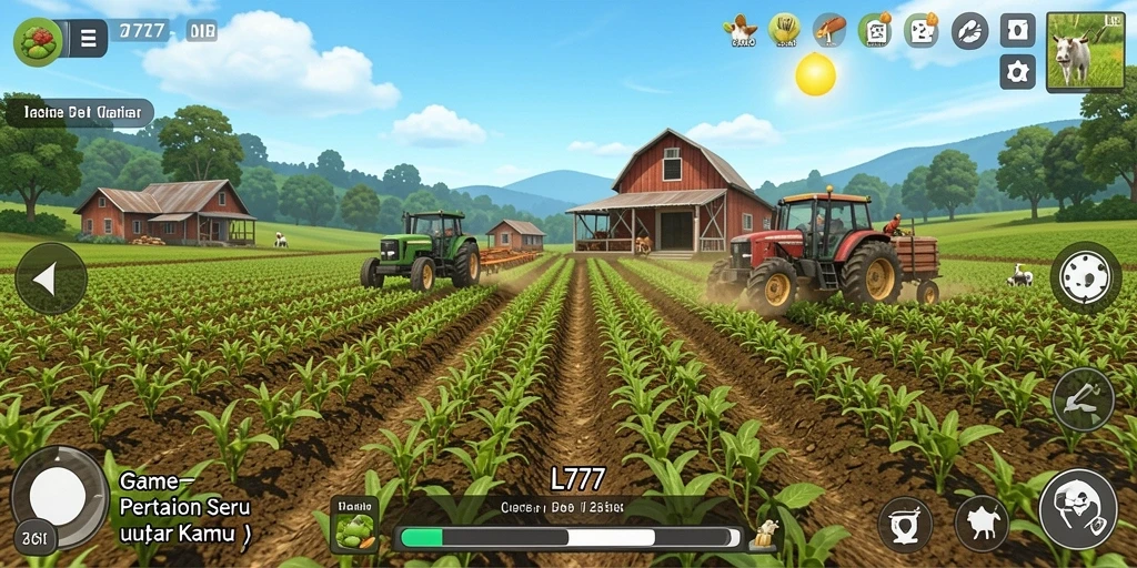 Screenshot menampilkan gameplay L777 dengan suasana pertanian yang indah dan alami.